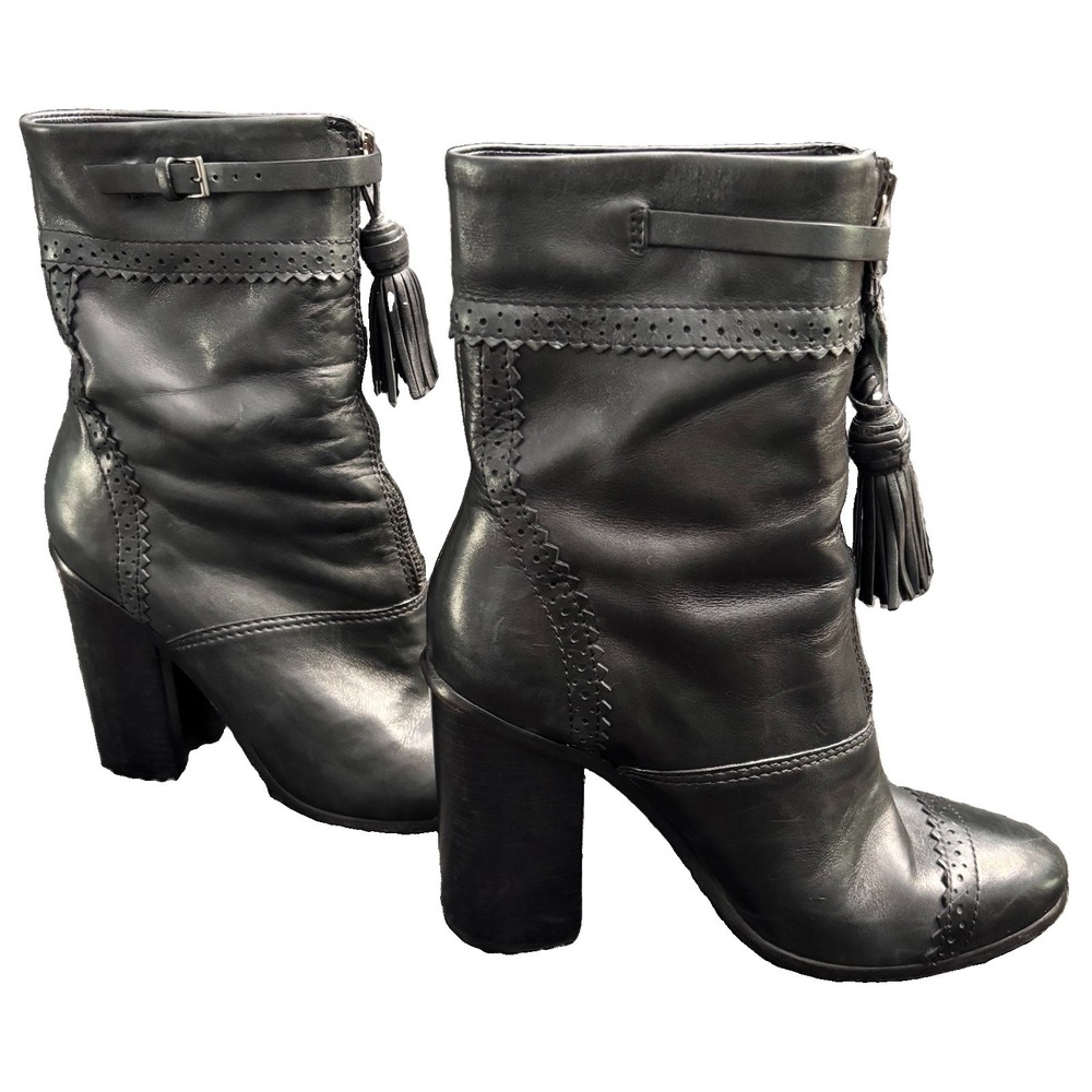 Tory Burch Black Leather Huxley Tassel Ankle Boots Block Heel Women Size 8
